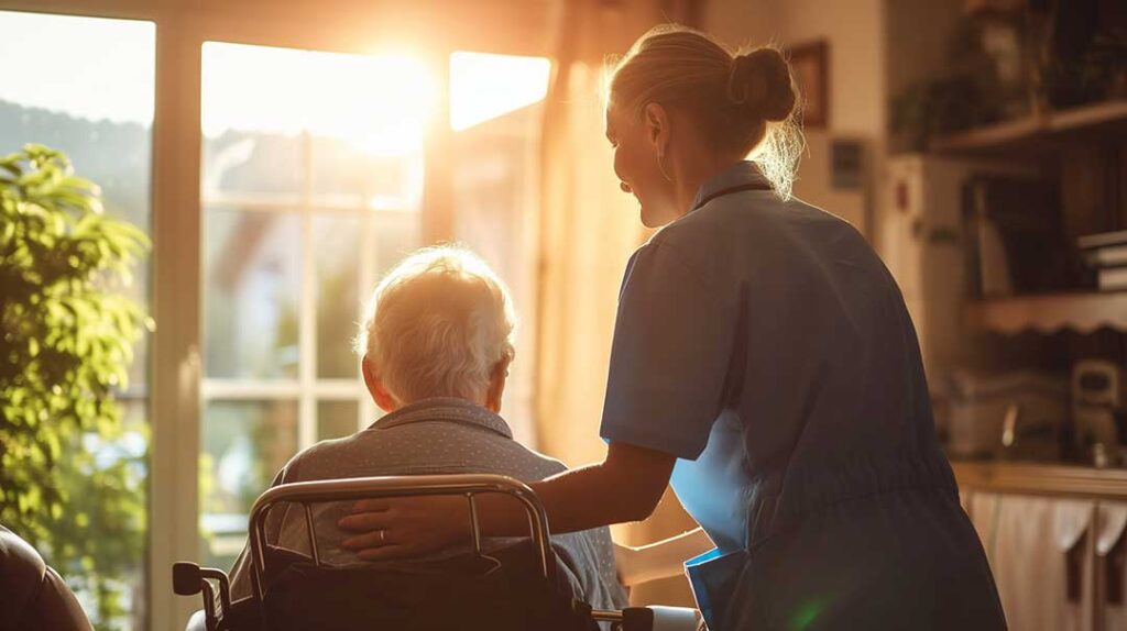 A small group of seniors and a caregiver walk through a bright common area in a residential facility.