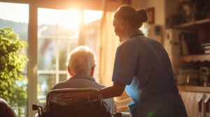 A small group of seniors and a caregiver walk through a bright common area in a residential facility.